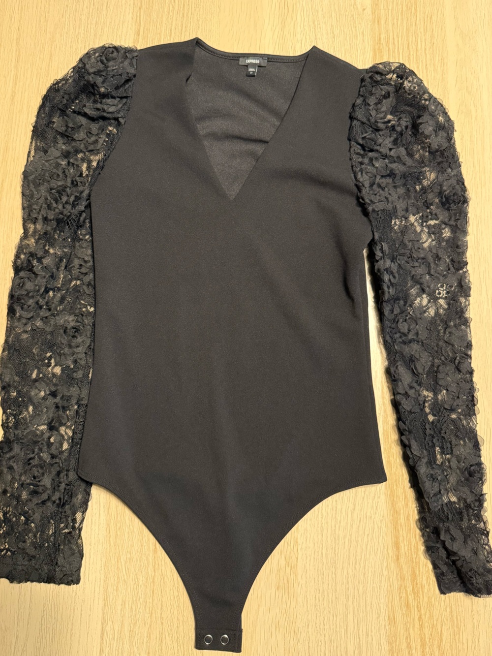 Express Black Bodysuit with Lace sleeves and V neck XS